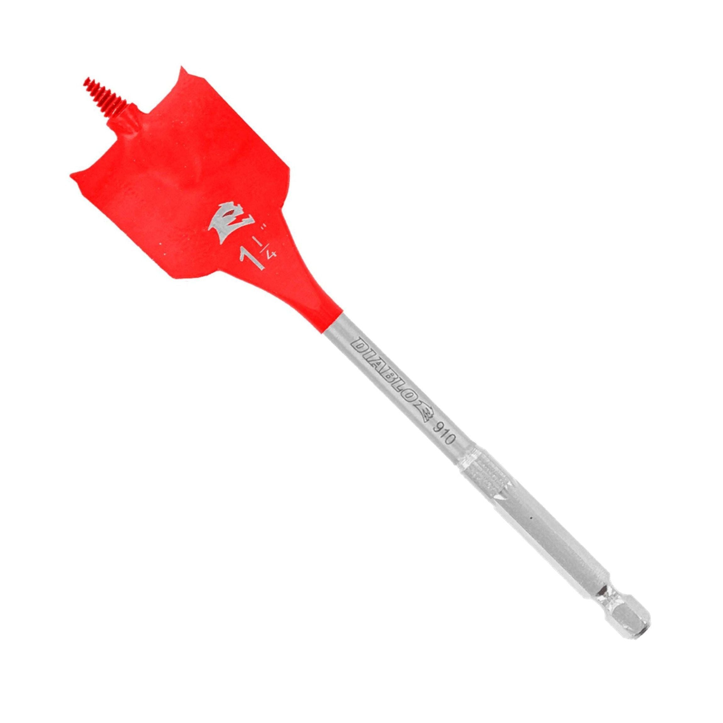 The DIABLO DSP2150 1-1/4 in. x 6 in. Spade Bit for Wood by Diablo features a red finish, SPEED-TIP™ design, sharp point, and 1/4-inch marking on the blade, with a metallic silver shank and hexagonal base that are Impact Strong™ for efficient wood drilling.